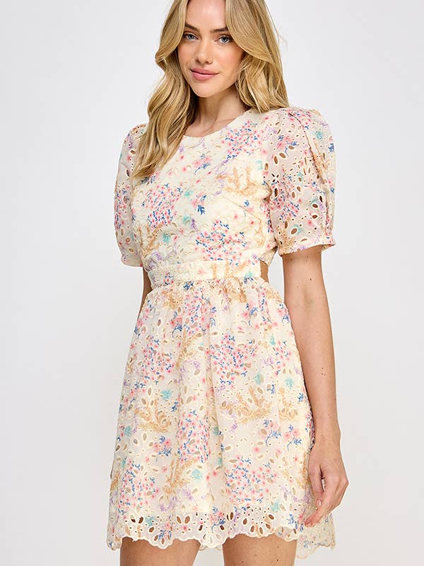 Floral Print Eyelet Mini Dress - Pink Multi