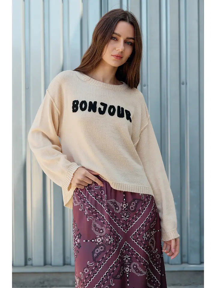 Bonjour Bouclé Lettering Sweater - Light Beige