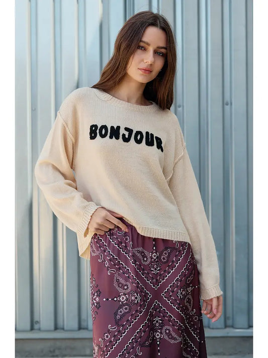 Bonjour Bouclé Lettering Sweater - Light Beige