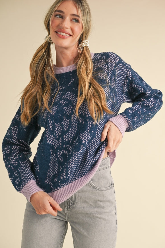 Lace Pattern Sweater - Navy Lavender