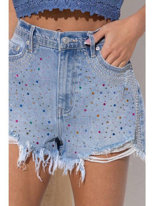 Crystal Stud Frayed Denim Short