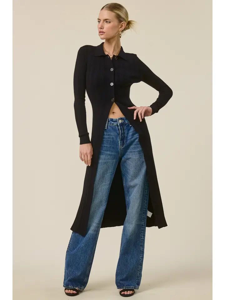 Collared Ribbed Knit Duster Cardigan - Black