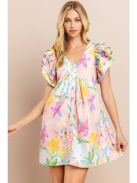 Ruffle Sleeve Mini Dress - Blush