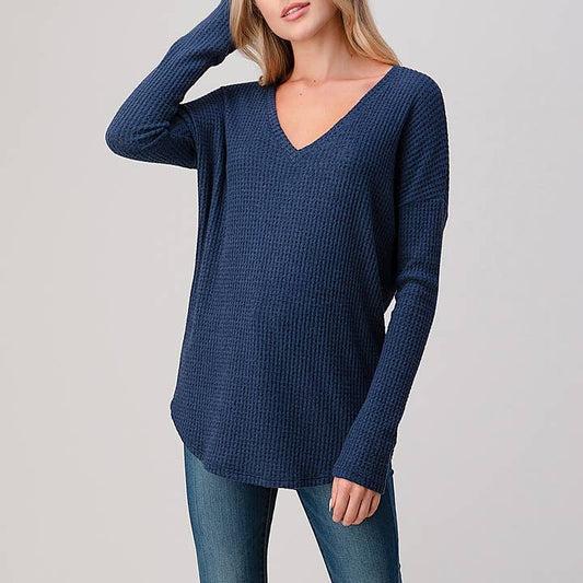 V-Neck Brushed Knit Top - Navy