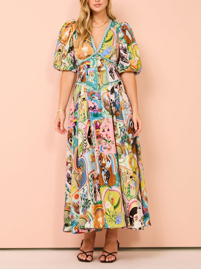 Puff Sleeve Midi Dress - Evergreen Graffiti