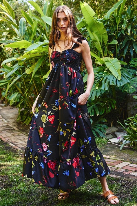 Smocked Ruffle Sleeve Floral Maxi Dress - Black Multi