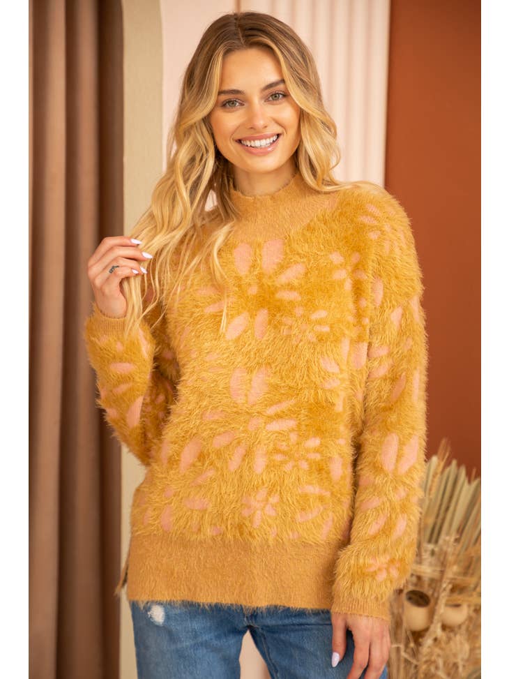 Floral and Stripe Fuzzy Sweater - Mustard