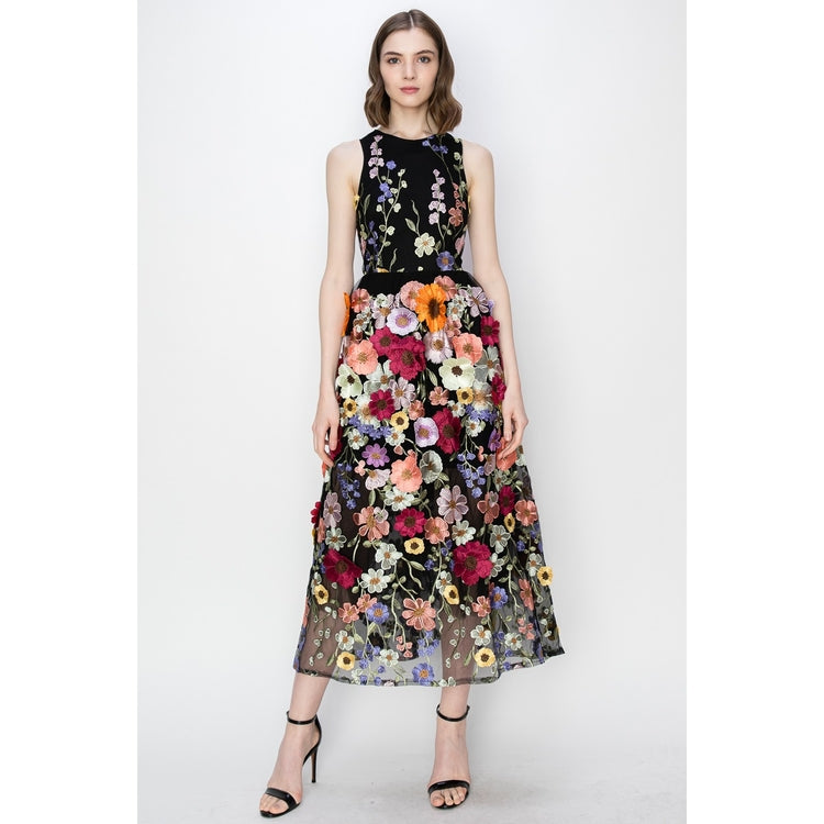 Floral Embroidered Midi Dress - Black