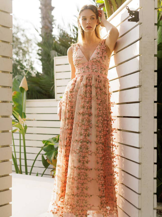 Embroidered Floral Lace Maxi Dress - Mauve