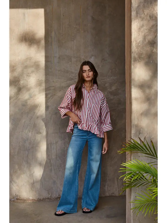Ruffle Hem Button Down - Ivory/Red