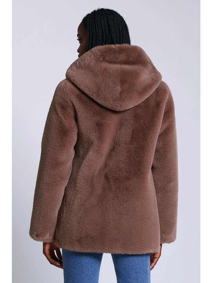 Hooded Faux Fur Coat - Taupe