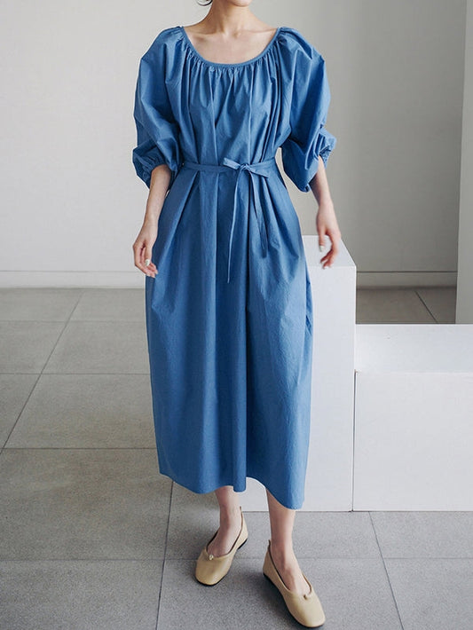 Pleated Puff Midi Dress - Blue