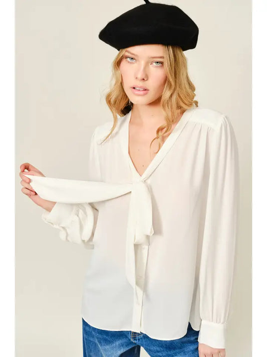 Ribbon Shirring Blouse - Cream