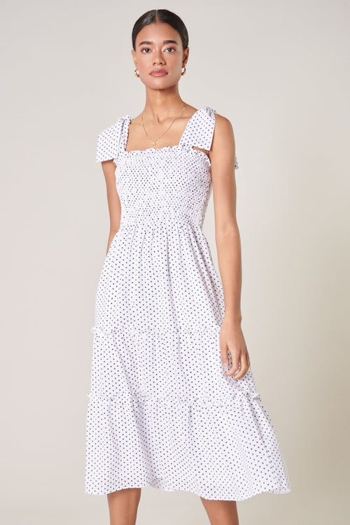 Say So Smocked Midi Dress - White/Navy Dot