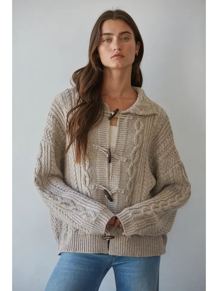 Cable Knit Mock Cardigan - Taupe