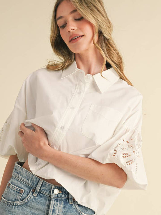 Embroidered Bubble Sleeve Button Down - White