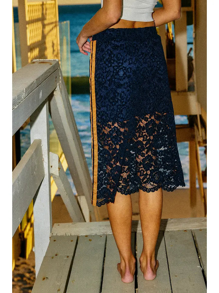 Lace Midi Skirt with Contrast Side Detail - Navy