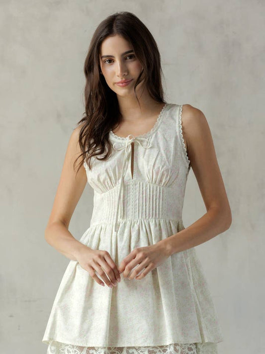 Lace Trim Floral Mini Dress - Cream