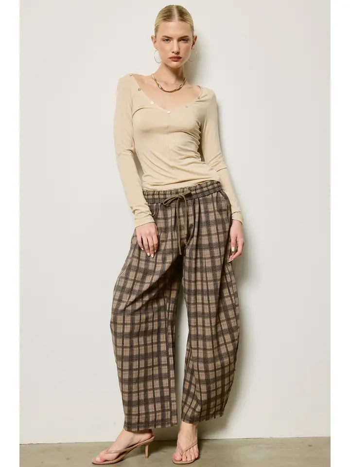 Plaid Barrel Leg Pants - Khaki