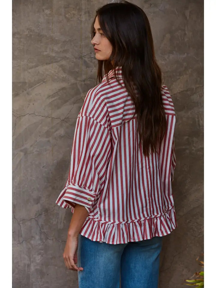 Ruffle Hem Button Down - Ivory/Red