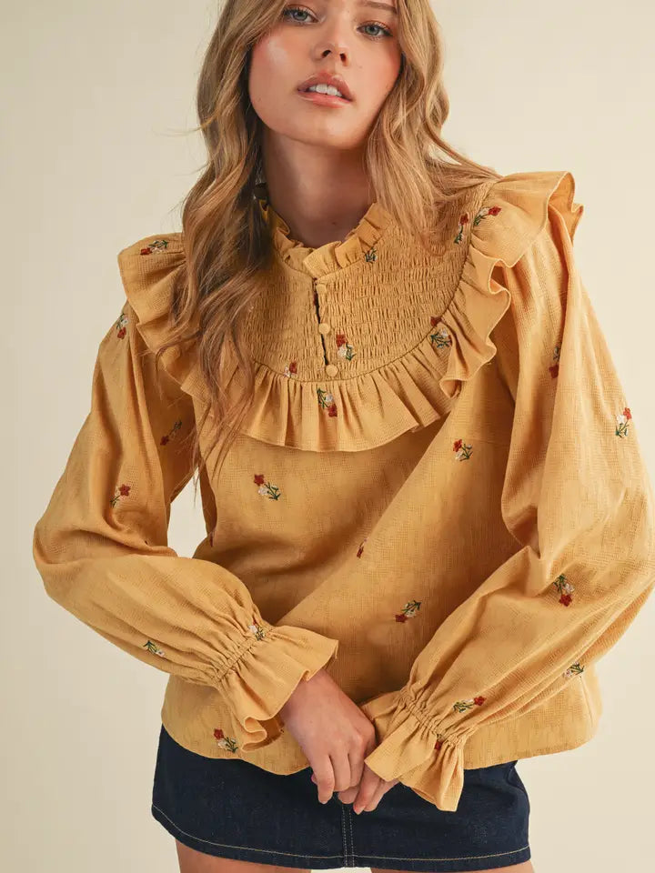 Smocked Yoke Embroidered Blouse - Ash Mustard