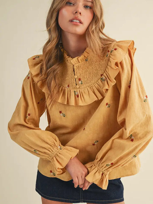 Smocked Yoke Embroidered Blouse - Ash Mustard