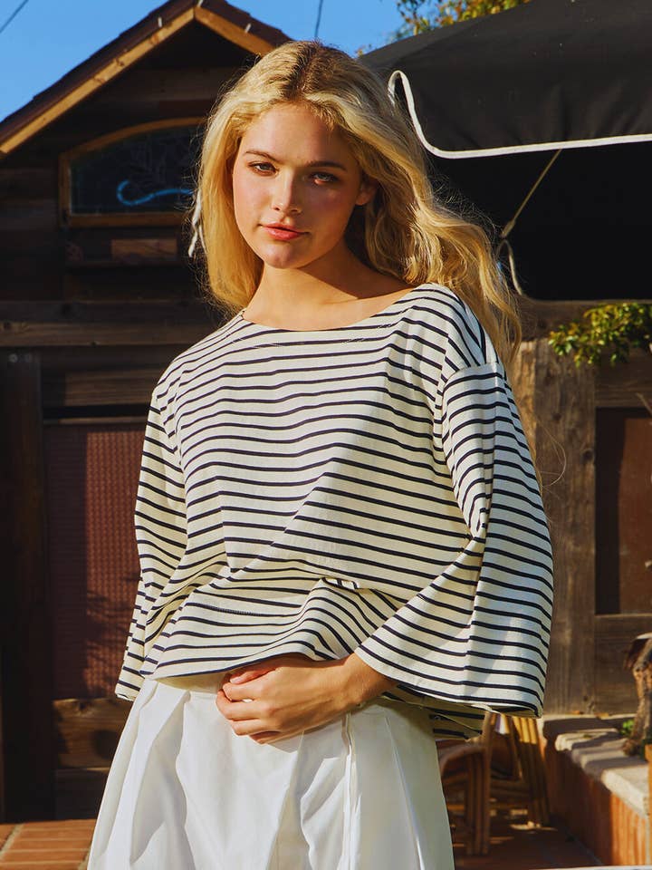 Boat Neck Striped Top - Black/Off White