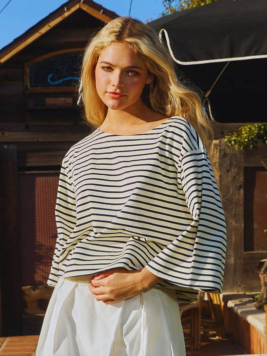 Boat Neck Striped Top - Black/Off White