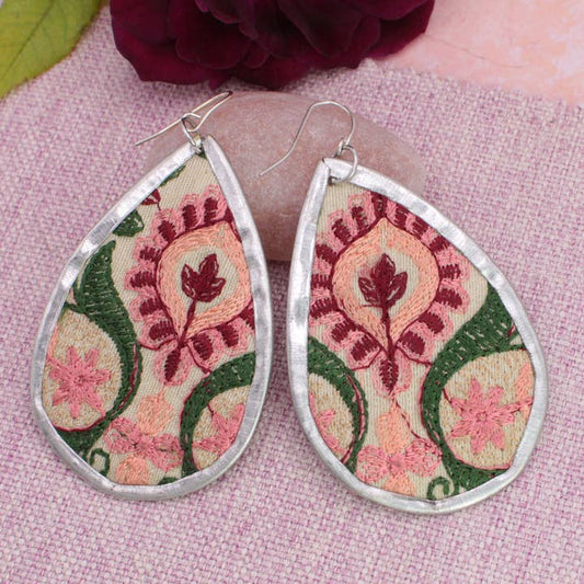 Embroidered Earrings - Vintage Floral Pink