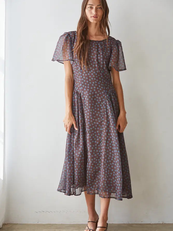Chiffon Polka Dot Midi Dress - Brown Teal