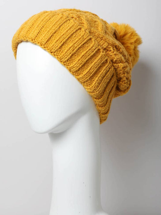 Cable Knit Faux Fur Pom Beanie - Mustard