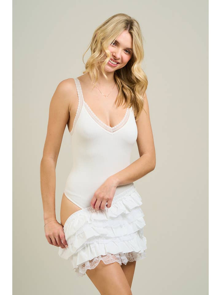 Lace Trim Bodysuit - White
