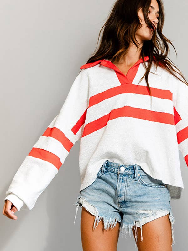 Rugby Stripe Top - Ash Grey/Red