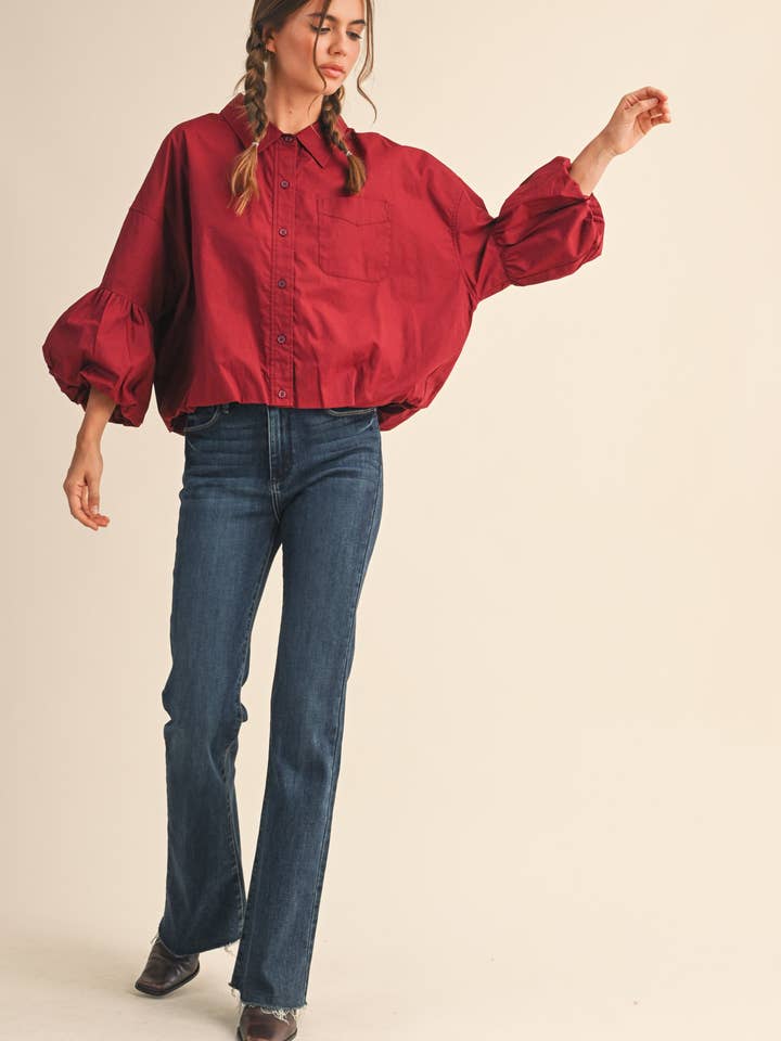 Bubble Sleeve Button Down - Burgundy