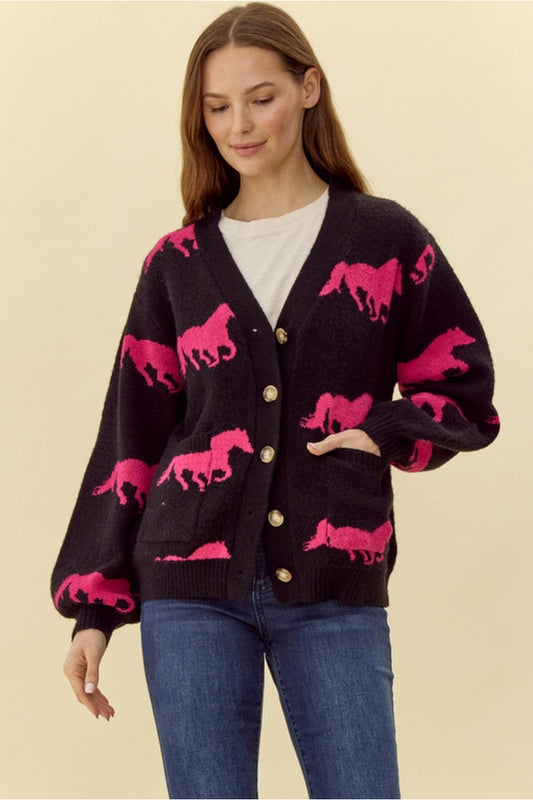 Graphic Horse Cardigan - Black