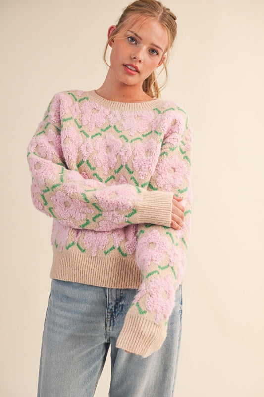 Fuzzy Texture Floral Sweater - Pink
