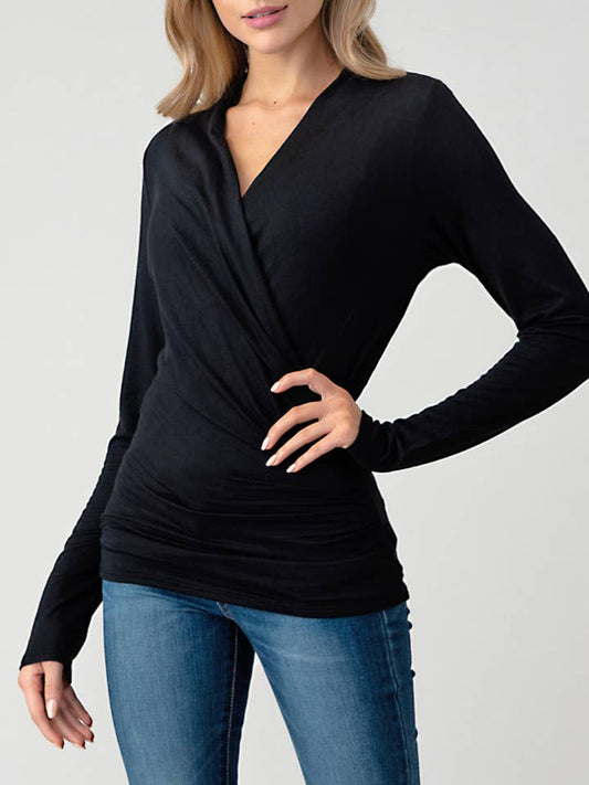 Long Sleeve Wrap Style Top - Black