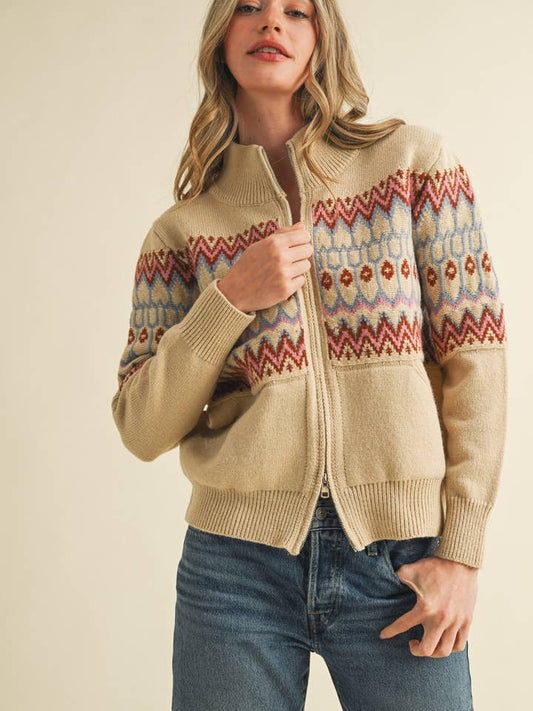 Fair Isle Zip Cardigan - Sand