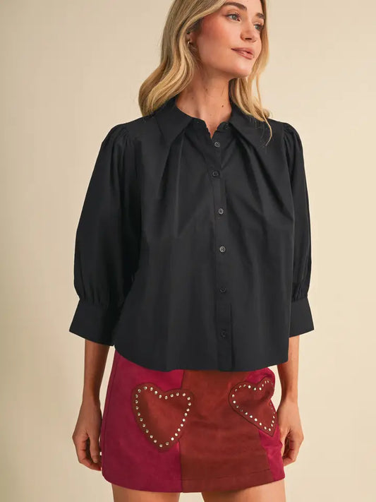 Puff Sleeve Button Down Top - Black