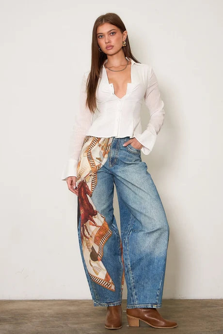 Horse Scarf Digital Print Baggy Jeans - Medium Stone