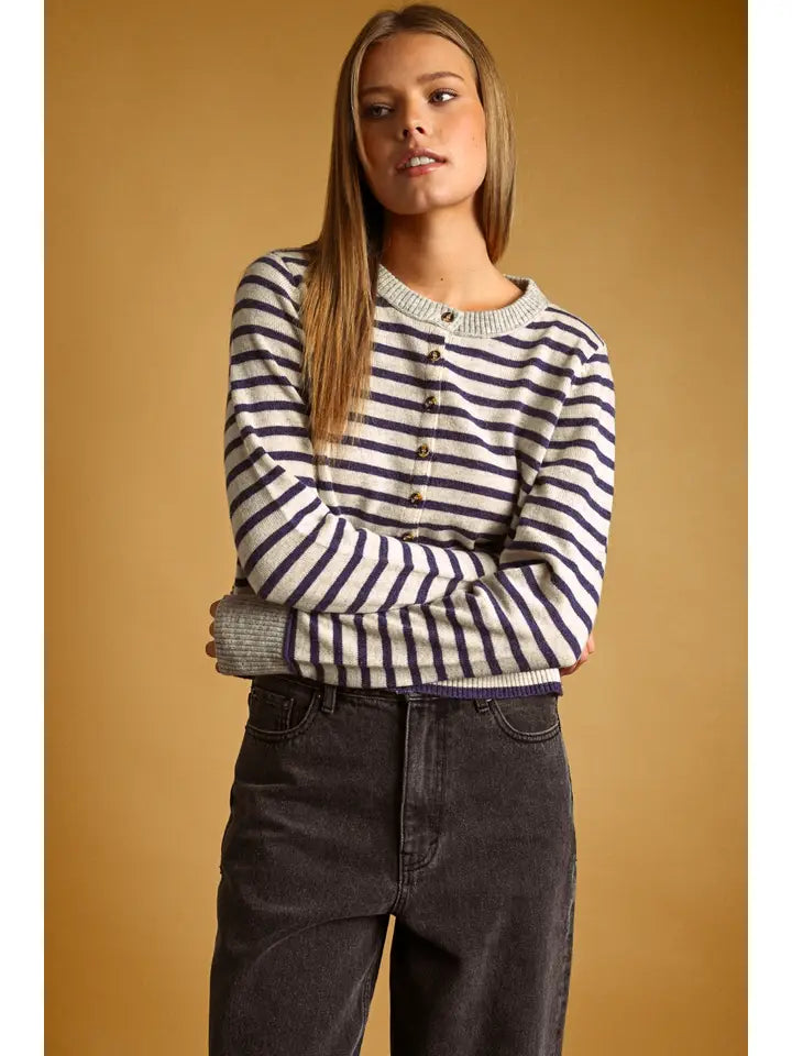 Striped Button Front Cardigan - Olive/Oat/Grey