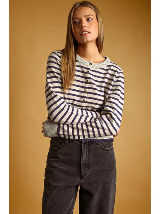 Striped Button Front Cardigan - Olive/Oat/Grey