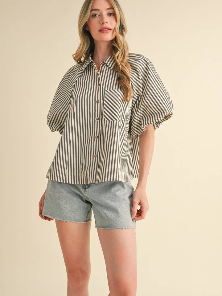 Striped Bubble Sleeve Button Down - Black