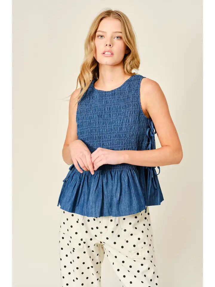 Denim Smocked Tie Top - Denim