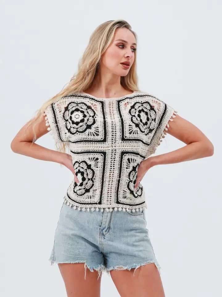 Crochet Floral Top - White