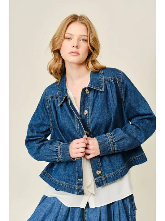 Flare Collared Denim Jacket - Dark Denim