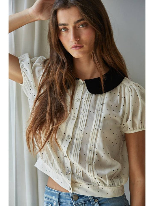 Chiffon Flocked Blouse - Cream
