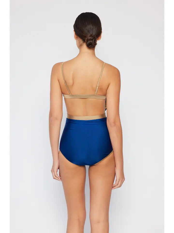 Contrast Banding Swimsuit - Shine Navy