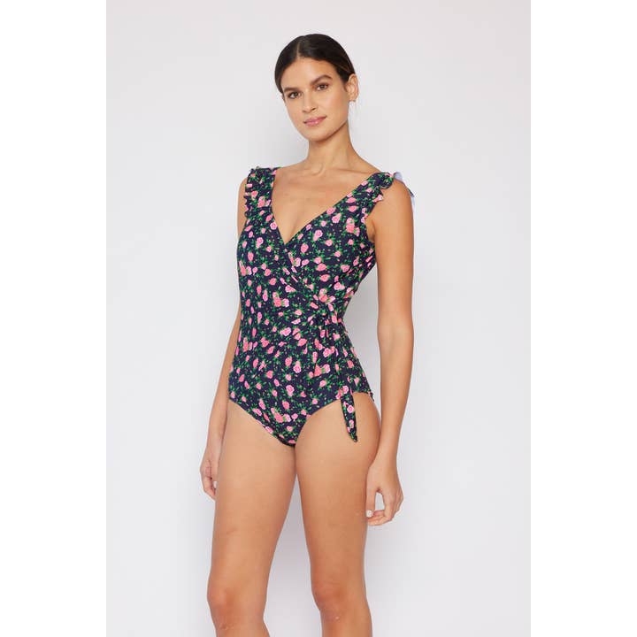 Ruffle Wrap Tie Swimsuit - Roses Black