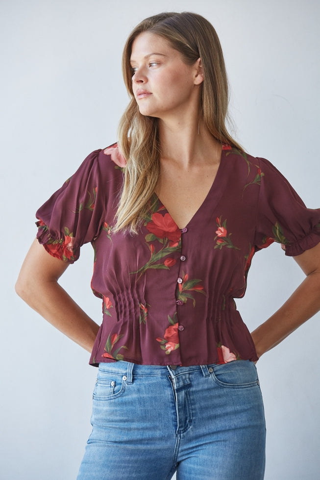 Floral Cinched Waist Top - Wine